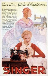 Cartolina pubblicitaria per macchine da cucire Singer da French School