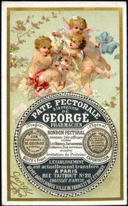 Cartolina pubblicitaria per la Pasta Pectoral con Liquirizia di Georgé Pharmacien. sd. XIX secolo da French School