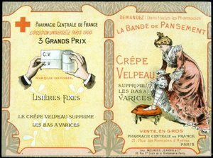 Cartolina pubblicitaria di "La benda Velpeau Crepe rimuove le calze varicose". Sd. XIX secolo da French School