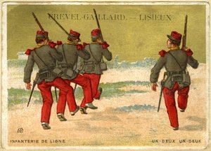 Cromolitografia pubblicitaria di Grevel-Gaillard, Lisieux, fanteria in linea, uno due, uno due
