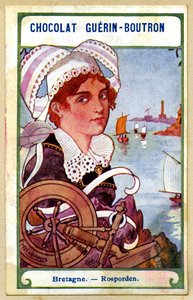 Cromolitografia pubblicitaria dei cioccolati Guerin Boutron, i copricapi delle regioni della Francia, Bretagna, Rosporden, illustrazione di Emile Jammes da French School