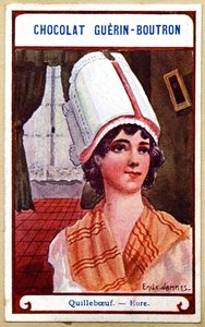 Cromolitografia pubblicitaria dei cioccolati Guerin Boutron, i copricapi delle regioni della Francia, Quilleboeuf, Eure, illustrazione di Emile Jammes
