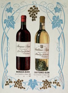 Pubblicità per la vendita di vino Margaux-Bijon e Sauternes-Bijon, 25frs per 12 bottiglie, 50frs per 25 da French School