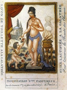 Etichetta pubblicitaria per olio lattificato galathy "per preservare la bellezza dei capelli" Profumiere Mouilleron da French School