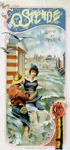 Pubblicità per arrivare a Ostenda (Belgio) da Parigi: Ostenda: 5 ore da Parigi, c.1900 (cromolitografia)