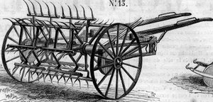 Macchina agricola: un ranghinatore a doppia azione inglese presentato al concorso agricolo di Parigi nel 1860. Incisione in 
