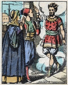 Aladino e sua madre strofinano la lampada magica e fanno apparire il genio. Incisione del racconto delle Mille e una notte 