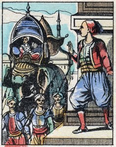 Aladino si innamora della figlia del sultano. Incisione del racconto delle Mille e una notte 
