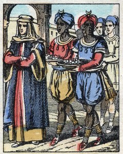 Aladino manda di nuovo sua madre scortata da schiavi che portano doni per proporre alla figlia del Sultano. Incisione del racconto delle Mille e una notte "Aladino e la lampada meravigliosa". Immagine di Epinal, fine XIX secolo. Collezione privata.