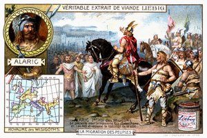 Alarico I, re dei Visigoti, si presenta per la terza volta davanti a Roma nel 410 e chiede la resa della città - vignetta pubblicitaria Liebig da French School