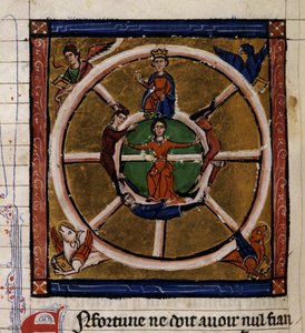 Alessandro III il Grande seduto sulla ruota della Fortuna circondato dal Tetramorfo. Miniatura del manoscritto Histoire ancienne à la Cesar, intorno al 1260-1270 scritta da un chierico al servizio della corte di Roger IV, Chatelain di Lille