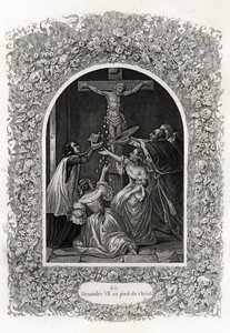 Alessandro VII (Alessandro) (Papa dal 1655 al 1667) ai piedi di Cristo. Incisione per illustrare Histoire des popes di Maurice Lachatre (1814-1900), libreria del progresso, Parigi da French School