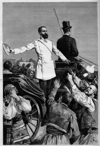 Alessandro di Battenberg - Principe Alessandro I dopo la sua abdicazione acclamato dal popolo quando lasciò Sofia. Incisione in 