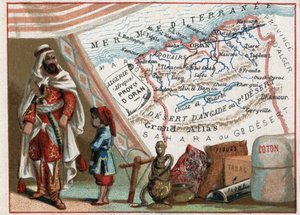 Algeria in Africa e la Provincia di Orano, Francia. Serie sui Dipartimenti Francesi. Importazione di fichi, cotone, tabacco, agata e piombo. Cromolitografia 