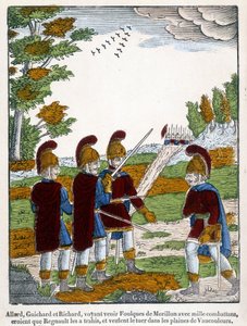 Allard, Guichard e Richard, vedendo Coots di Morillon arrivare con mille combattenti credono che Regnaut li abbia traditi, e vogliono ucciderlo nelle pianure di Vaucouleurs. Immagine di Epinal del 1825 che raffigura una scena del poema epico della fine del da French School