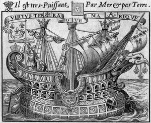 Allegoria del potere francese: "La nave dello Stato", simbolo della Francia, ricorda anche le armi della città di Parigi. Estratto dal "Livre des monnoyes etrangeres ou le grand banker de France" (1687) di Francois Barreme (1638-1703), matematico francese da French School