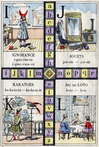 Alfabeto e Lettere I J K e L, ignoranza, giocattoli, cacatua e gioco del lotto. ABC delle bambine. Immagini di Epinal da French School
