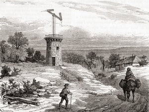 Un palo telegrafico aereo nel XVIII secolo, da Les Merveilles de la Science, pubblicato c.1870