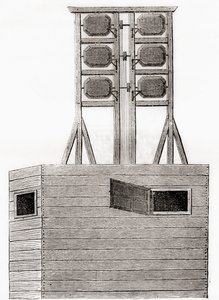Un sistema telegrafico aereo utilizzato in Inghilterra nel XVIII secolo, da Les Merveilles de la Science, pubblicato c.1870 da French School