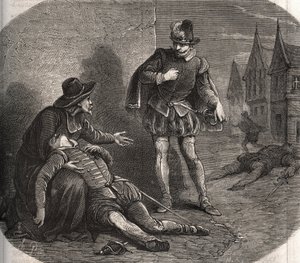 Un emissario del re di Francia Enrico III (1551-1589) fu trovato morente per le strade di Roma nel 1582. Portava un messaggio compromettente del re riguardante sua sorella, Margherita di Valois (1553-1615), nota come Regina Margot. Incisione del 1871 in "H da French School