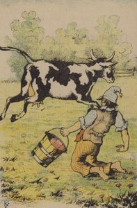 Un tentativo fallito di mungere una mucca (litografia a colori) da French School