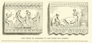Bassorilievi romani antichi che raffigurano una vendemmia e una scena nei campi (incisione)