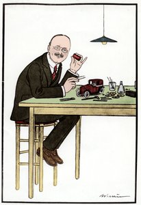 Andre Citroen (1878-1935), che costruisce un modellino di automobile; disegno di Barriere. da French School