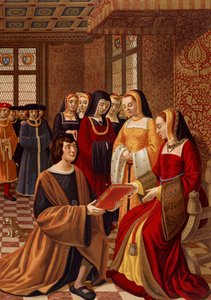 Anna di Bretagna (1477-1514) circondata dalle sue dame di compagnia. Cromolitografia da una miniatura del XVI secolo. Biblioteca delle Arti Deco, Parigi da French School