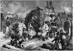 Festa annuale dei piccoli spazzacamini nelle strade di Londra, Inghilterra, maggio 1860. Durante la danza che celebra l
