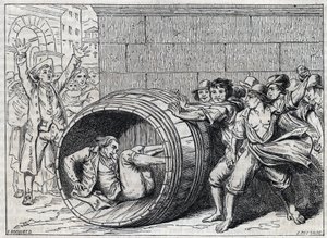 Persecuzione antisemita nel XVII secolo: un ebreo rotola in una botte dagli abitanti di Roma. Illustrazione di 