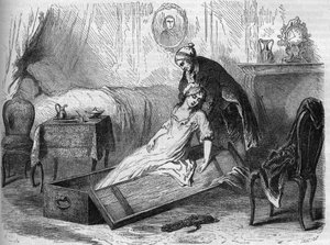 Antoine-Francois (Antoine Francois) Desrues (1744-1777) avvelenatore francese mette il cadavere della sua vittima Madame de La Motte in un baule - Incisione in "Cause celebri di tutti i popoli" di Armand Fouquier (1817-18?) 1858-1867 - collezione privata da French School