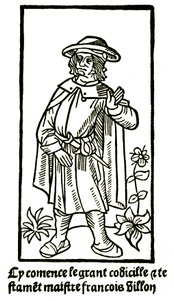 Ritratto apocrifo del poeta François Villon in “Il Grande Testamento” - “Cy comence le grant codicille & testamet maistre François Villon” (qui inizia il grande codicillo e testamento) edizione P Levet 1489