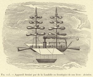 Apparecchio disegnato da de la Landelle nel frontespizio del suo libro: Aviazione