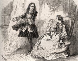 Armande Béjart (1641-1700), moglie di Jean Baptiste Poquelin detto Molière (1622-1673) con il suo amante, il conte di Guiche, Incisione del 1871 in "Histoire Des Cocus Célèbres" di Henry de Kock (1819-1892). da French School