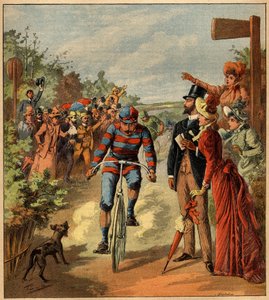 Arrivo di una corsa ciclistica nella campagna francese. Incisione in 