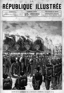 Arrivo del Presidente della Repubblica Jules Grévy (1807-1891) alle celebrazioni di Cherbourg. Un giornale. Incisione del 1880 in "La republique illustree" collezione privata