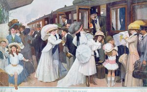 Arrivo dei mariti in treno, 1908 da French School