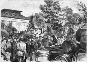 Arrivo al magazzino di Bercy delle prime botti di vino dolce. Parigi da French School