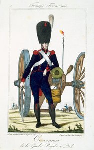 Artigliere della Guardia Reale con un cannone, da Troupes Francaises, pub. chez Basset, Parigi, c.1790 da French School