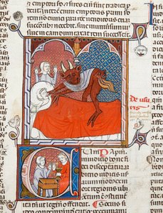 Un diavolo o demone sul letto di una persona morta, illustrazione da Digestum Vetus con gloss ordinaria, di Giustiniano, c.1300-10 da French School