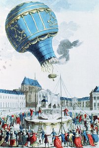 Ascesa del pallone aerostatico dei fratelli Montgolfier davanti alla famiglia reale a Versailles nel 1783