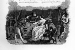 Asmodeo. Una bella giovane donna in un salotto corteggiata da tre pretendenti tra cui un dandy e un soldato. Incisione in “Chants et chansons populaire de la France”, Tome 2