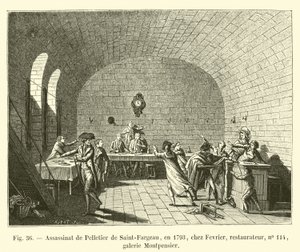 Assassinio di Pelletier de Saint-Fargeau, nel 1793, da Fevrier, ristoratore, n. 114, galleria Montpensier da French School