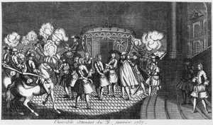 Tentativo di assassinio del re Luigi XV da parte di Robert Francois Damiens il 5 gennaio 1757 da French School