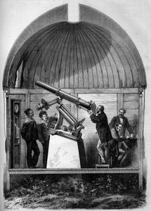 Astronomia: cannocchiale astronomico francese trasportato a Yokohama (Giappone) per osservare il passaggio del pianeta Venere davanti al Sole. Incisione in "Le Monde Illustré" n. 904 dell