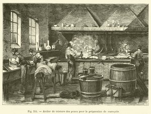 Officina di tintura delle pelli per la preparazione del marocchino da French School