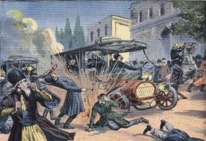 Attentato allo Scià di Persia Mohammad Ali Shah Qajar (1872-1925). Incisione dal giornale 