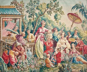 Cartone di Aubusson per un arazzo di figure in un giardino orientale