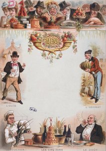 Stampa di sfondo per un menù che raffigura i cinque sensi, fine XIX secolo da French School