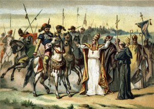 Invasioni barbariche - Attila e San Leone I il Grande: il barbaro Attila, capo degli Unni, incontra Papa San Leone il Grande che riuscì a convincerlo a risparmiare l
